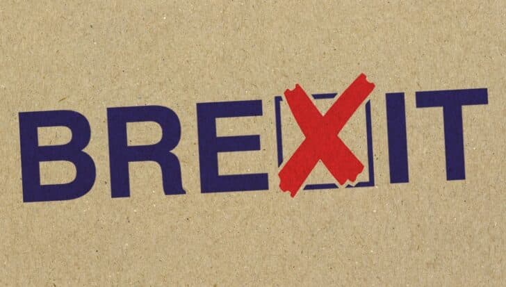 The word 'Brexit' with a red X over the 'exit' part, symbolizing the UK's departure from the EU